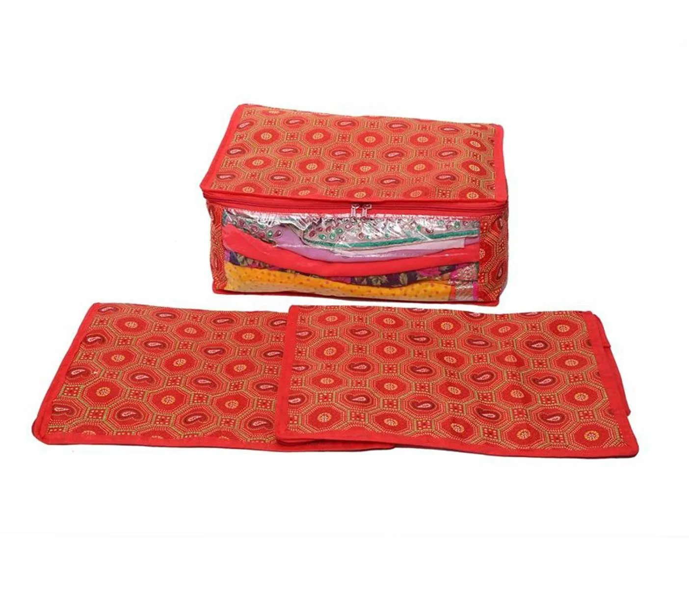 Kuber Industries Bandhani Design 2 Piece Cotton Saree Cover/Wardrobe Storage Organizer (Red) -CTKTC039022