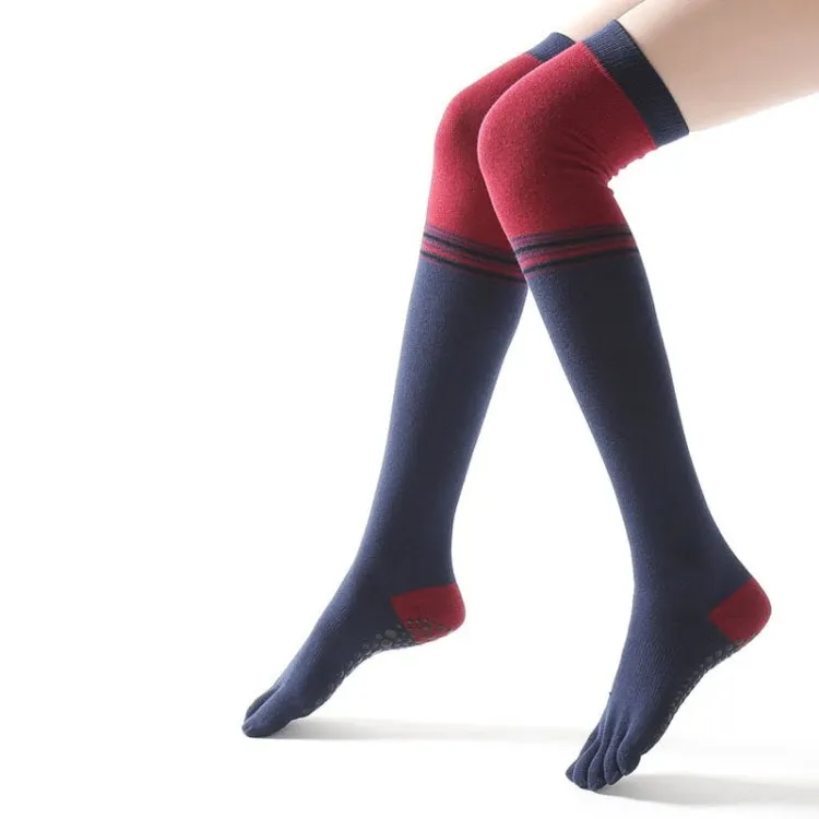 Ladies Over The Knee Yoga Socks Winter Warm Non-Slip Dance Five-Finger Socks, Size: Free Size( Striped Navy)