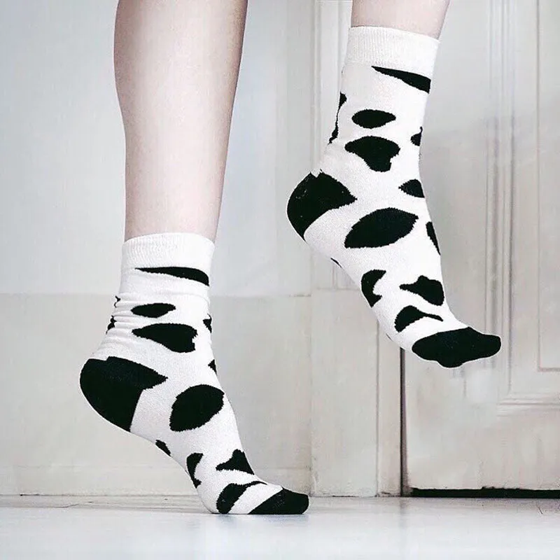 Leopard Dalmatian Black White Cotton Crew Socks