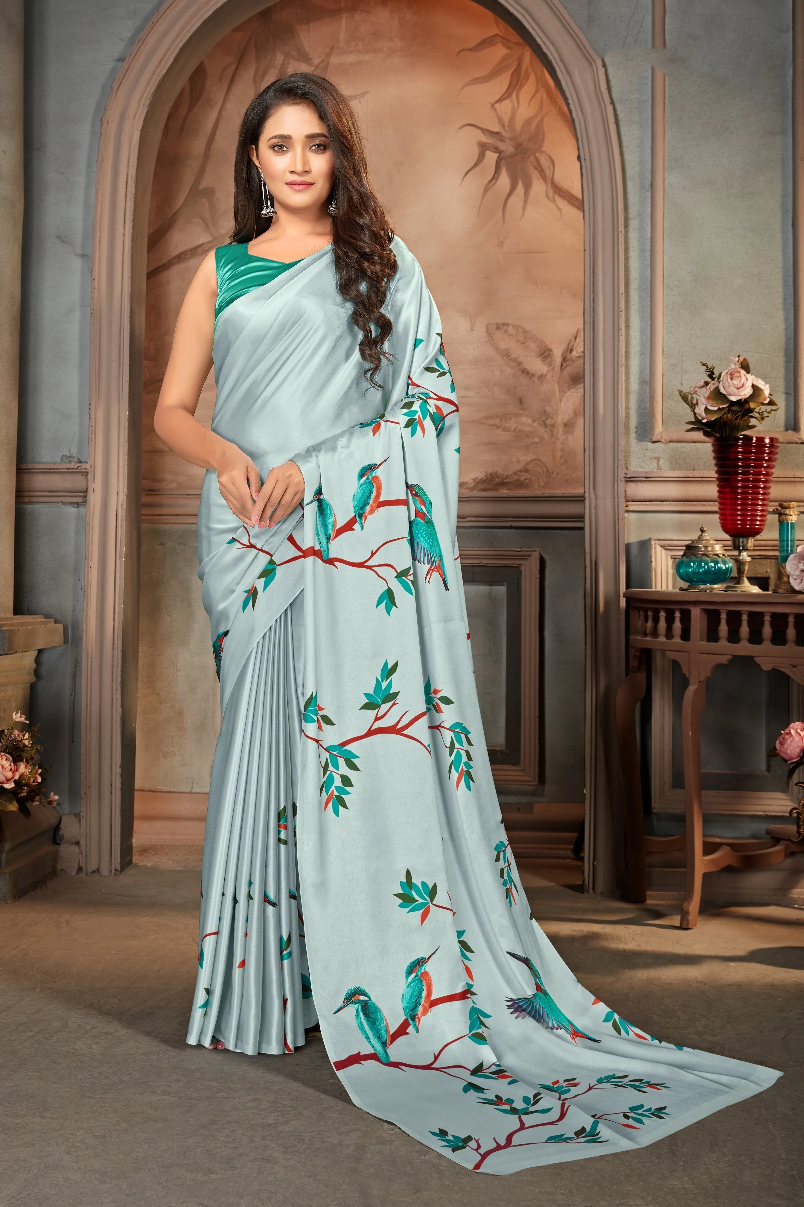 Light Grey color Satin digital print Saree