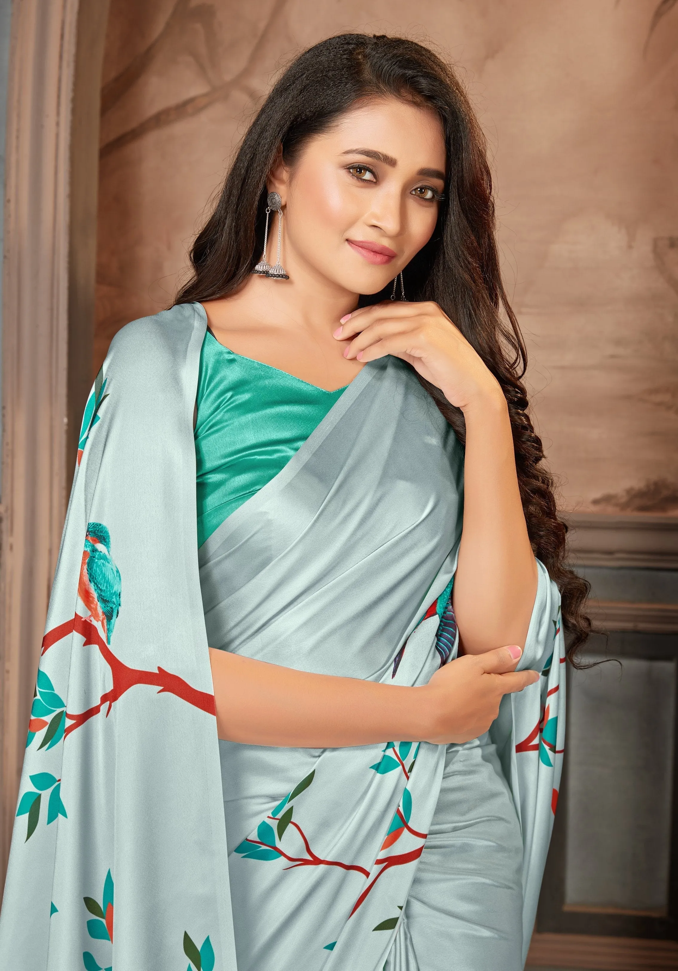 Light Grey color Satin digital print Saree