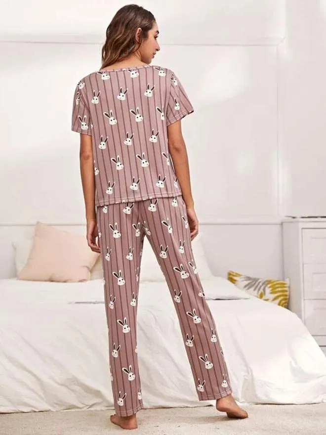 LookMark Women's Cotton Lycra Graphic Print Pyjama Set for Women || Night Suit Set || Night Dress for Women(NW05-L-02) Brown