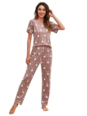 LookMark Women's Cotton Lycra Graphic Print Pyjama Set for Women || Night Suit Set || Night Dress for Women(NW05-L-02) Brown