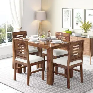 LYCAWOOD Sheesham Wood Urban 4 Seater Dining Table 4 Chairs with Cushion | Wooden Dining Room Sets Dinner Table Furniture for Living Room Home Hotels - Teak Finish