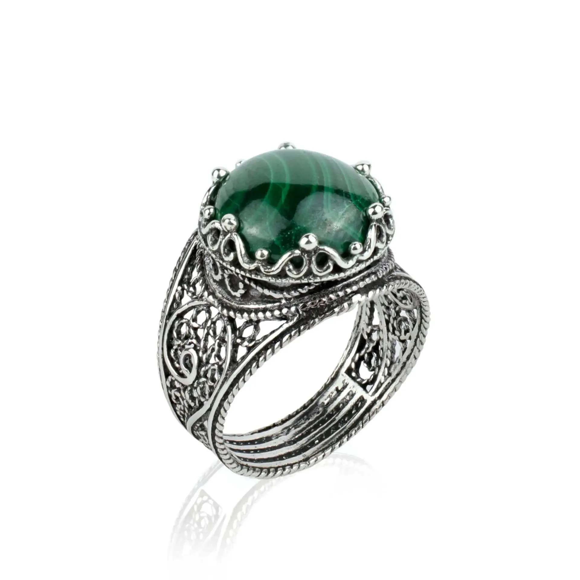 Malachite Crown Silver Ring - Filigree Art Cocktail Design, Green Stone Ring, Elegant Accessory, Handcrafted Art