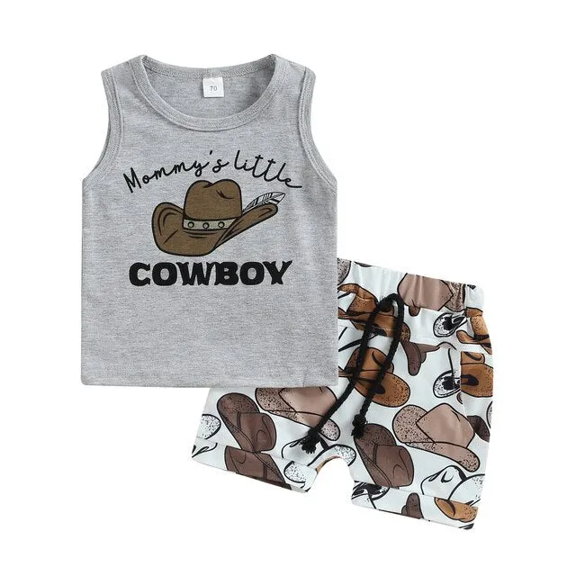 Mamas Little Cowboy - Cowboy Hat , Sleeveless Tank Top  Shorts Casual Sets