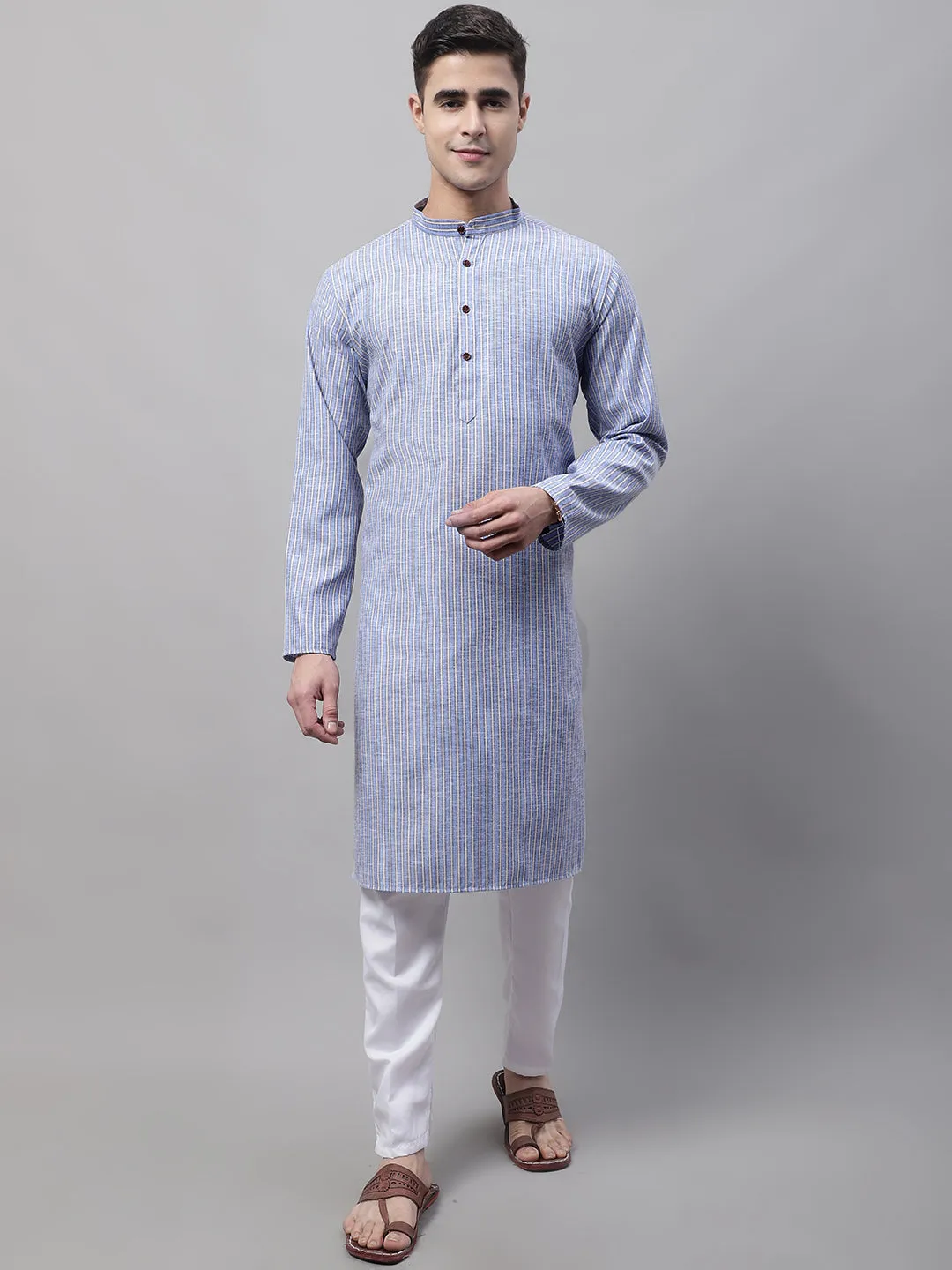 Men Blue and White Striped Kurta with Pyjama