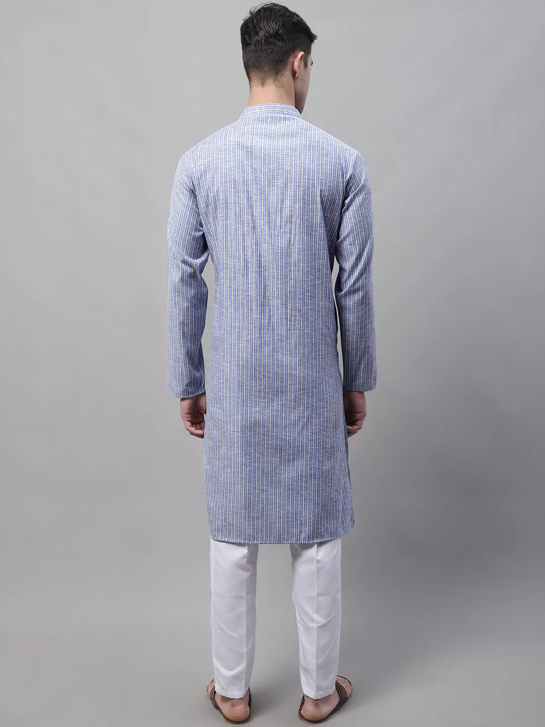 Men Blue and White Striped Kurta with Pyjama