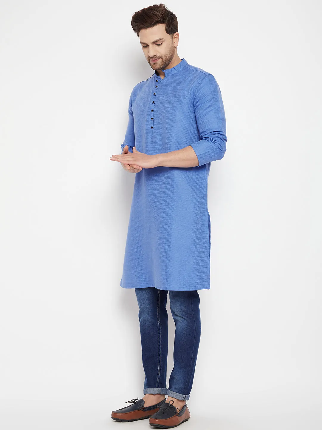 Men's Blue Color Long Kurta with Band Collar - Even Apparels