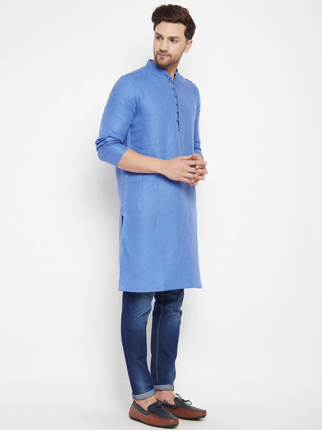 Men's Blue Color Long Kurta with Band Collar - Even Apparels