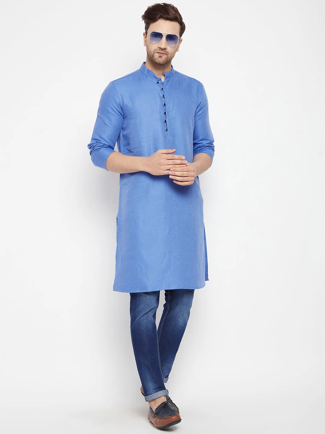 Men's Blue Color Long Kurta with Band Collar - Even Apparels