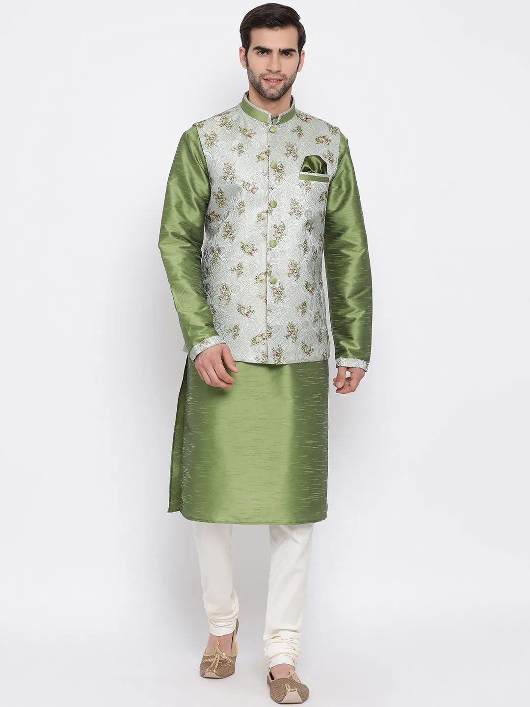 Men's Green Cotton Silk Jacket - Vastramay