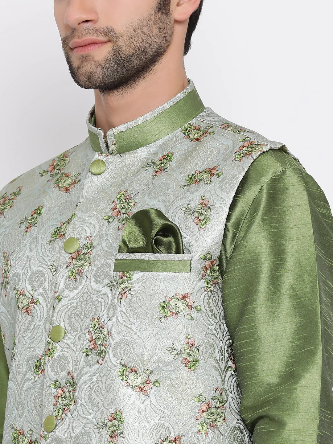 Men's Green Cotton Silk Jacket - Vastramay