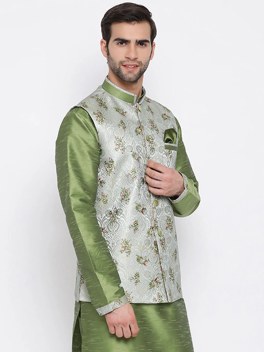 Men's Green Cotton Silk Jacket - Vastramay