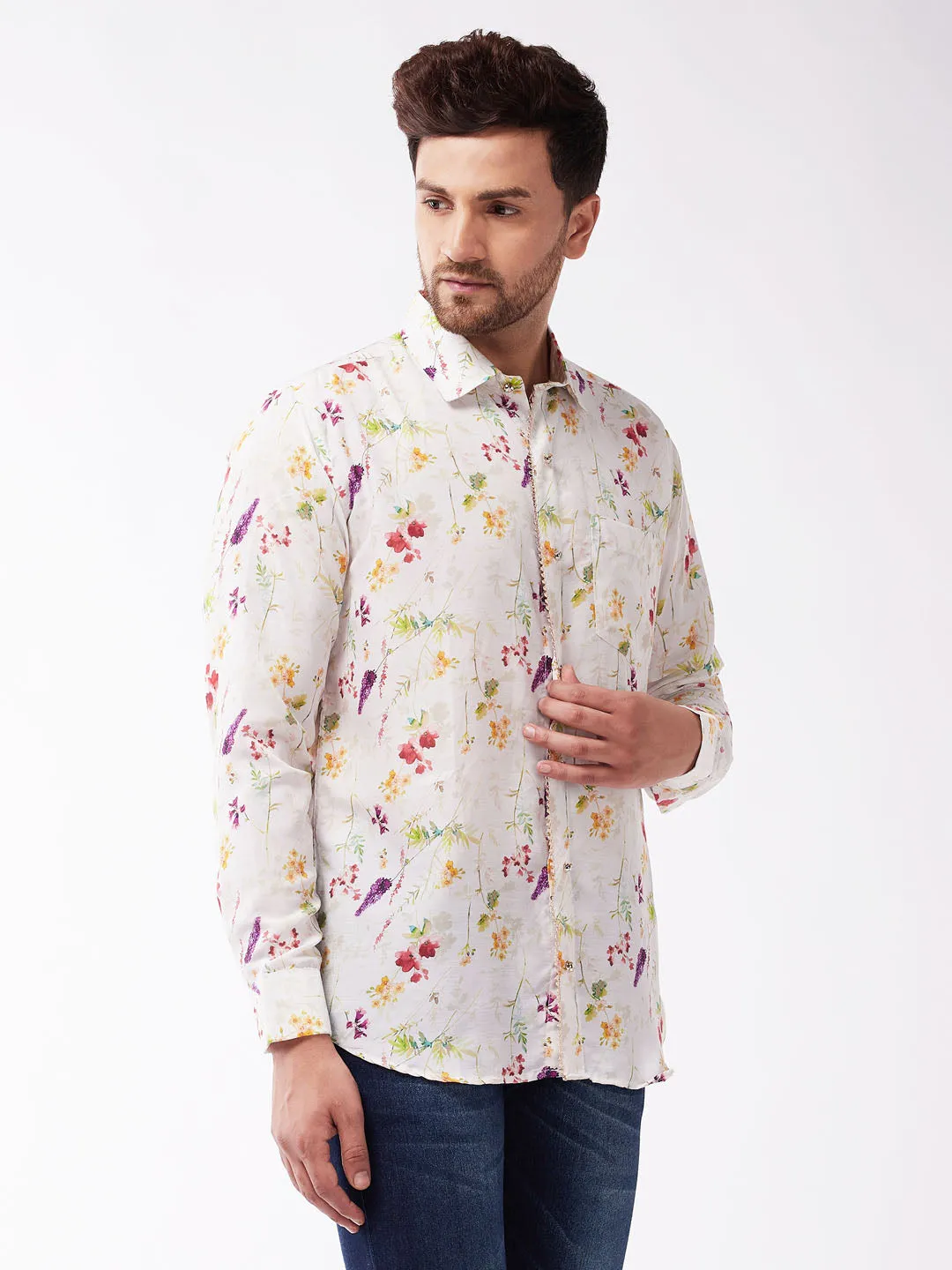 Men's Multicolor-Base-Cream Muslin Blend Ethnic Shirt - Vastramay