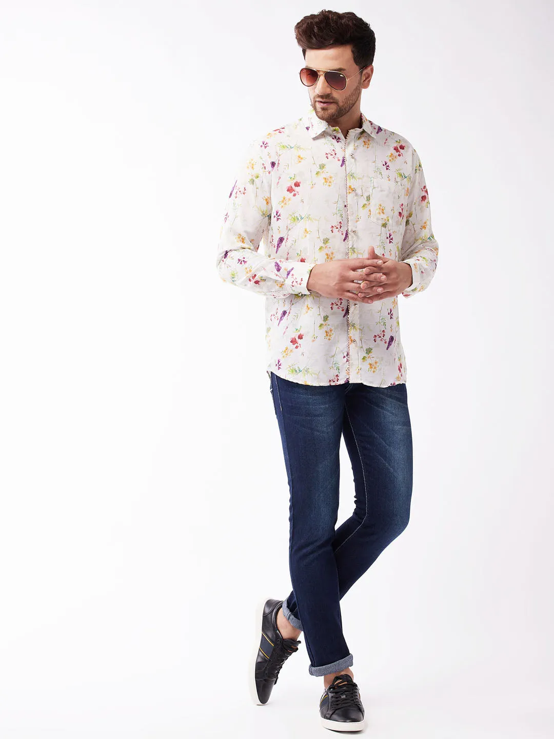 Men's Multicolor-Base-Cream Muslin Blend Ethnic Shirt - Vastramay