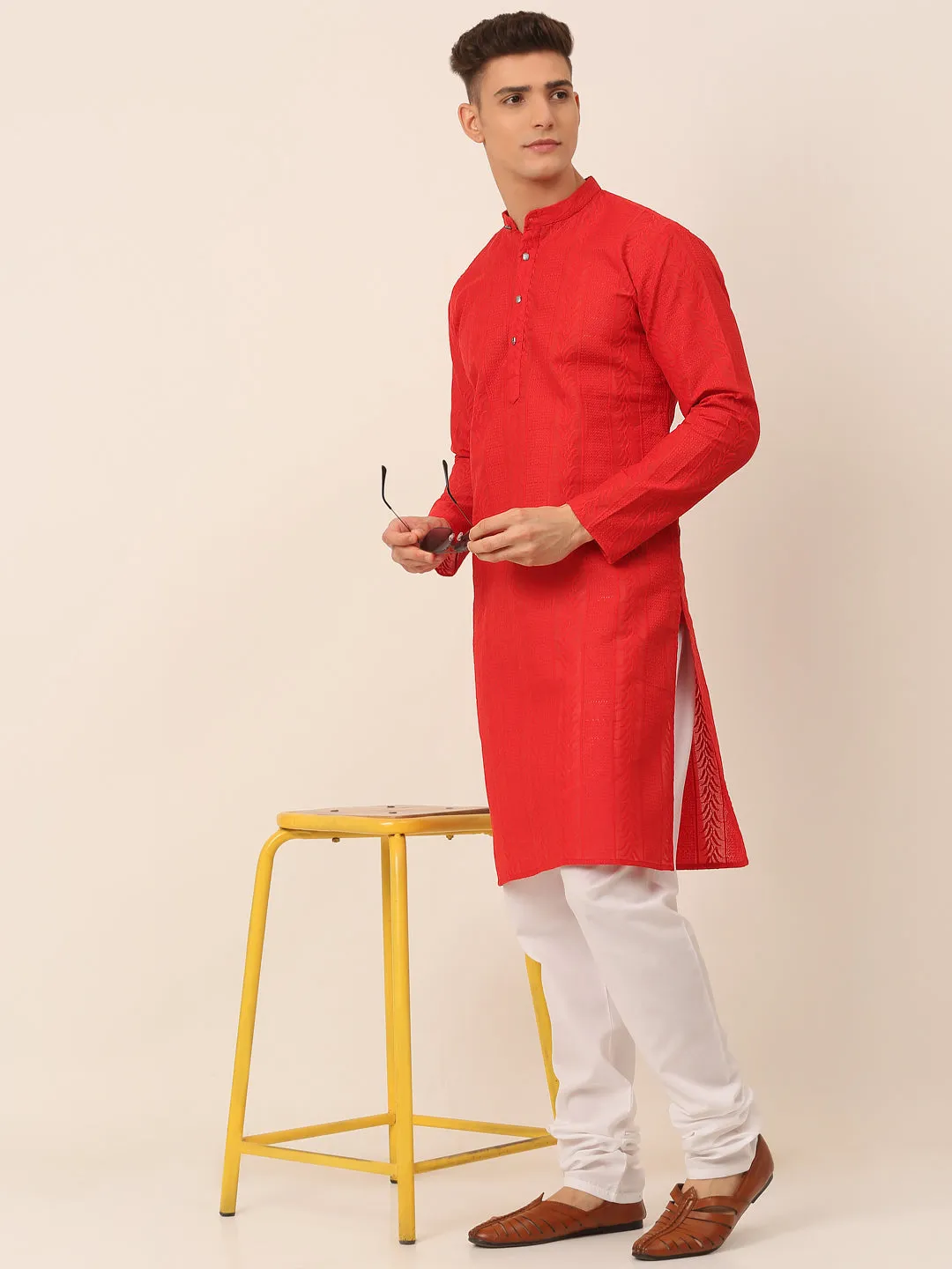 Men's Pure Cotton Embroidered Kurta Pyjama Set ( Jokp 660 Red ) - Virat Fashions