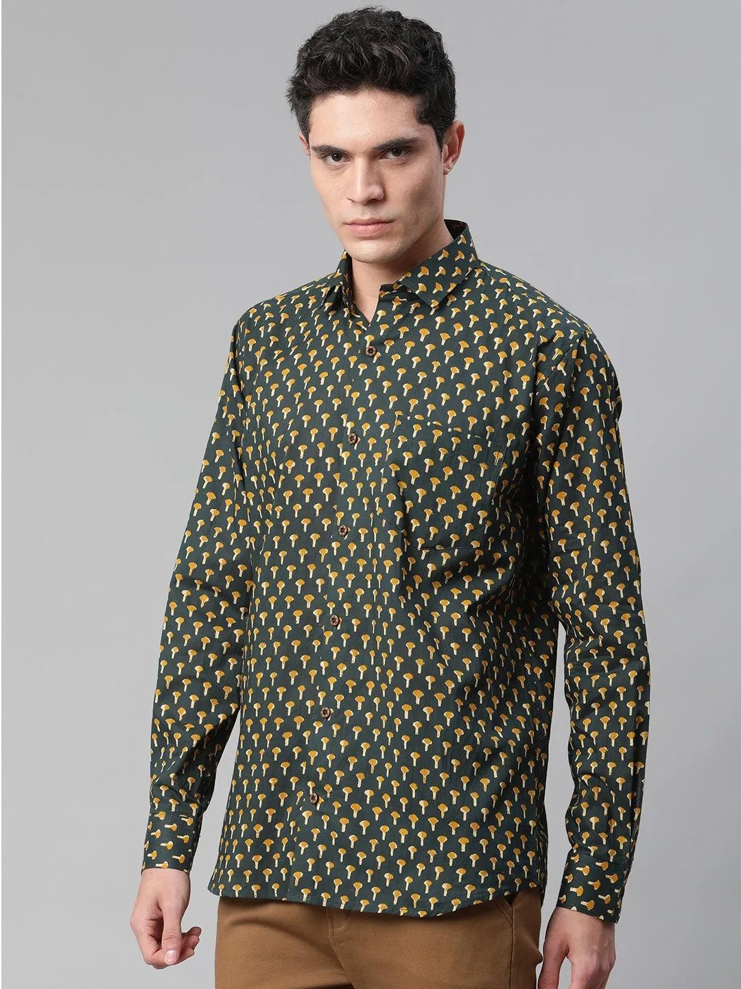 Millennial Men Dark Green  & Mustard Cotton  Full Sleeve  Shirt for Men-MMF0284