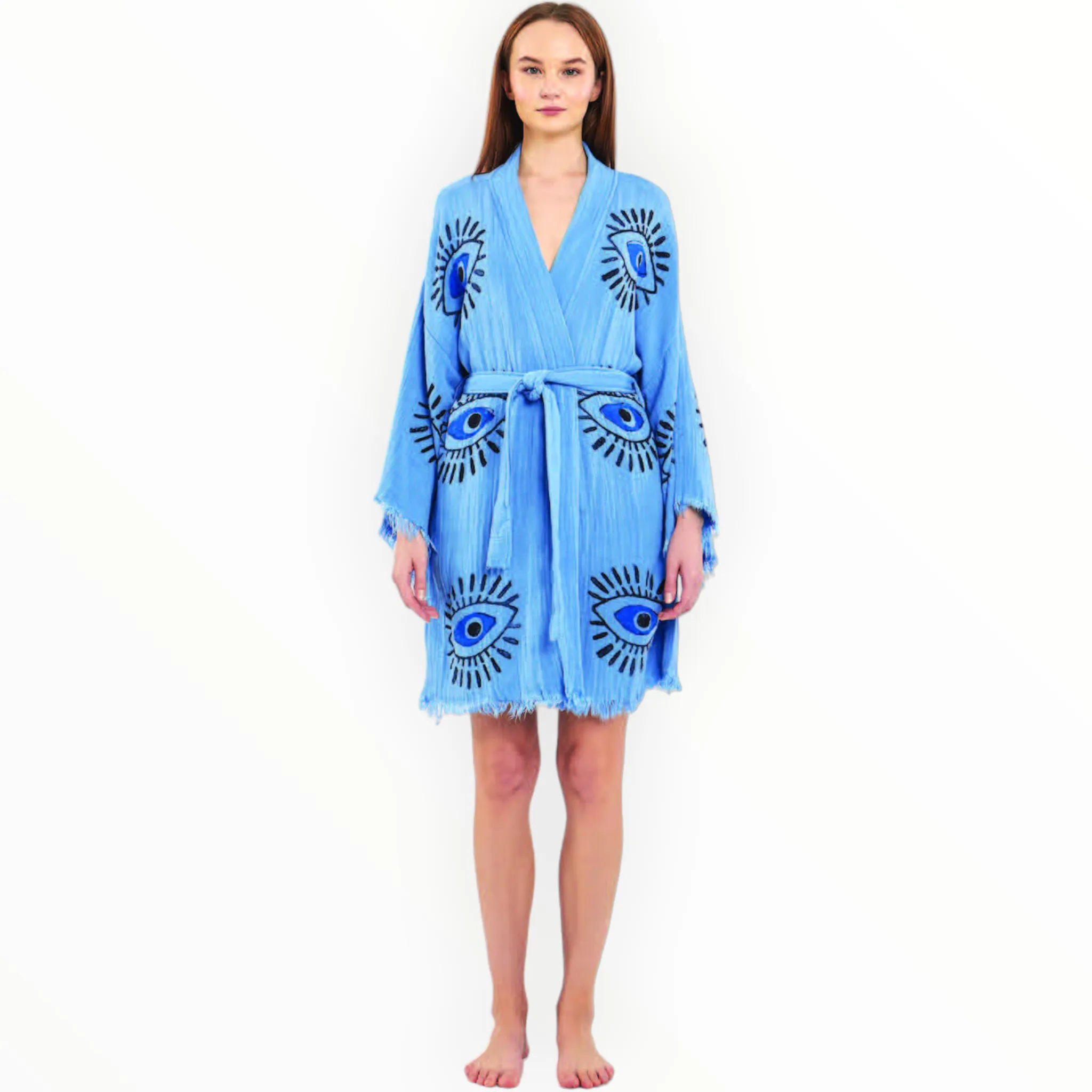 Natural Turkish Cotton Handmade Evil Eye Kimono Robe