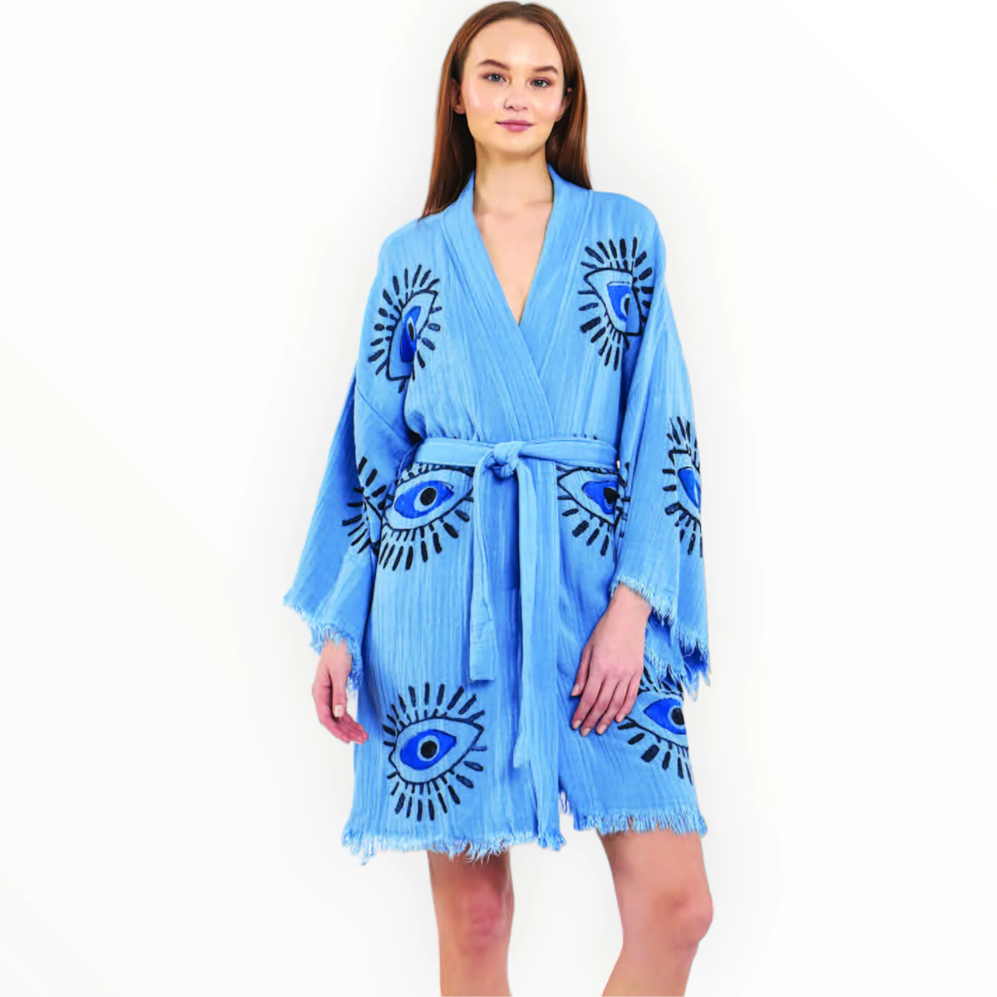 Natural Turkish Cotton Handmade Evil Eye Kimono Robe