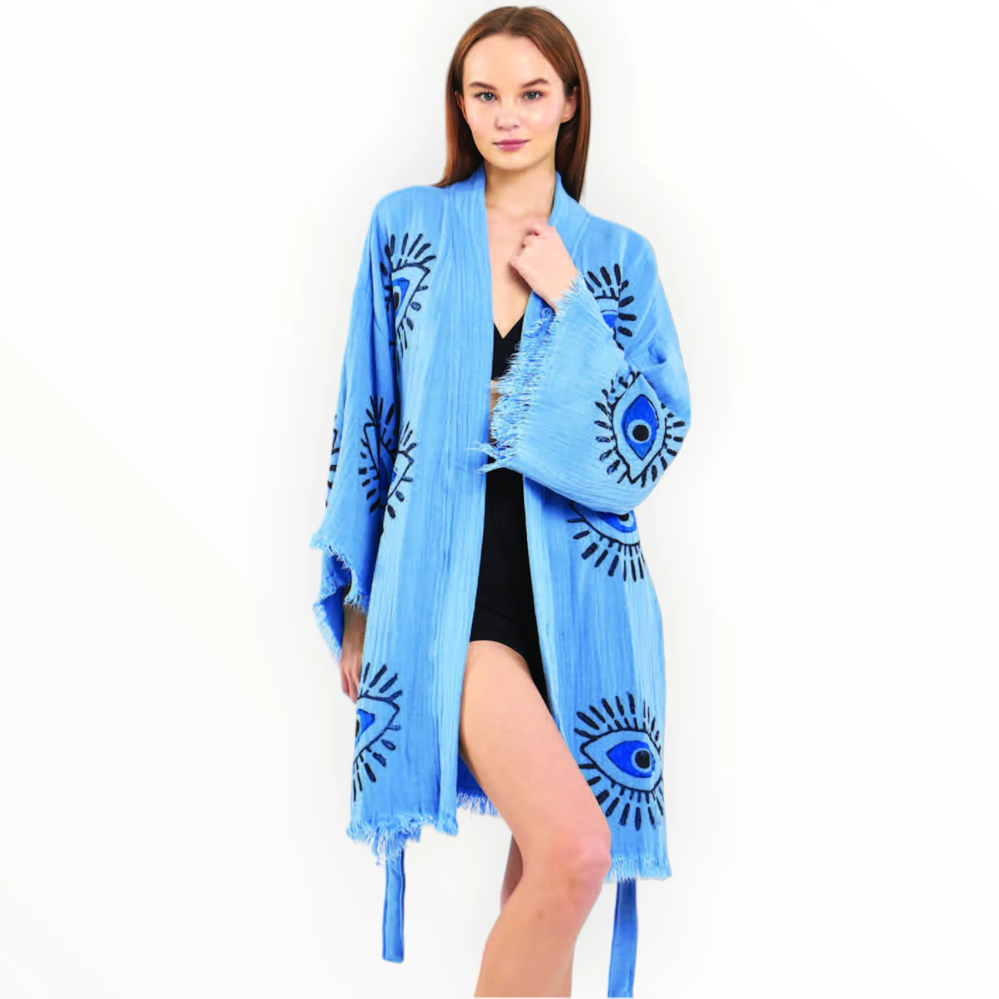 Natural Turkish Cotton Handmade Evil Eye Kimono Robe