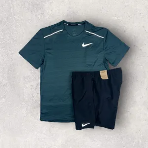 NIKE MILER 1.0 T-SHIRT/SHORT SET - DEEP JUNGLE/BLACK