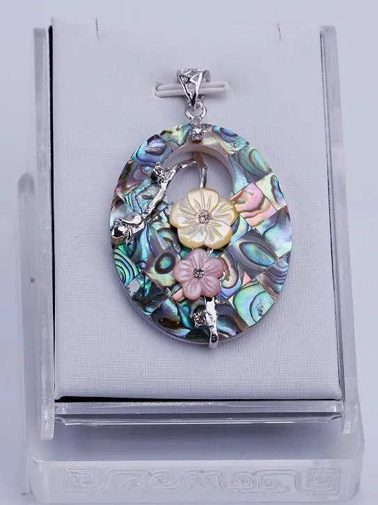 Oval Two Flowers Abalone Shell Necklace Pendant