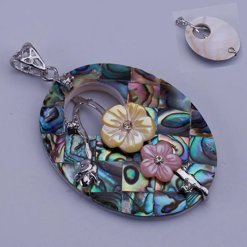 Oval Two Flowers Abalone Shell Necklace Pendant