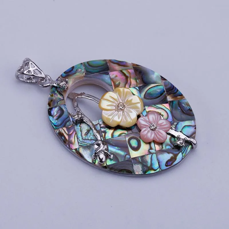 Oval Two Flowers Abalone Shell Necklace Pendant