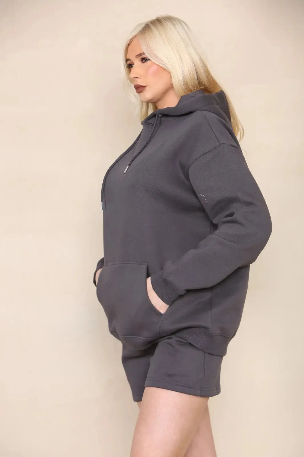 Oversized Pullover Hoodie and Short Loungewear Set Charcoal Grey