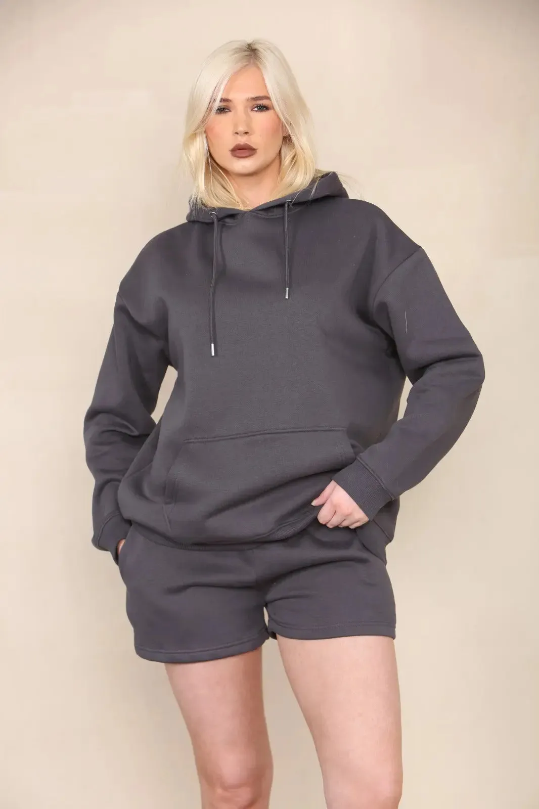 Oversized Pullover Hoodie and Short Loungewear Set Charcoal Grey