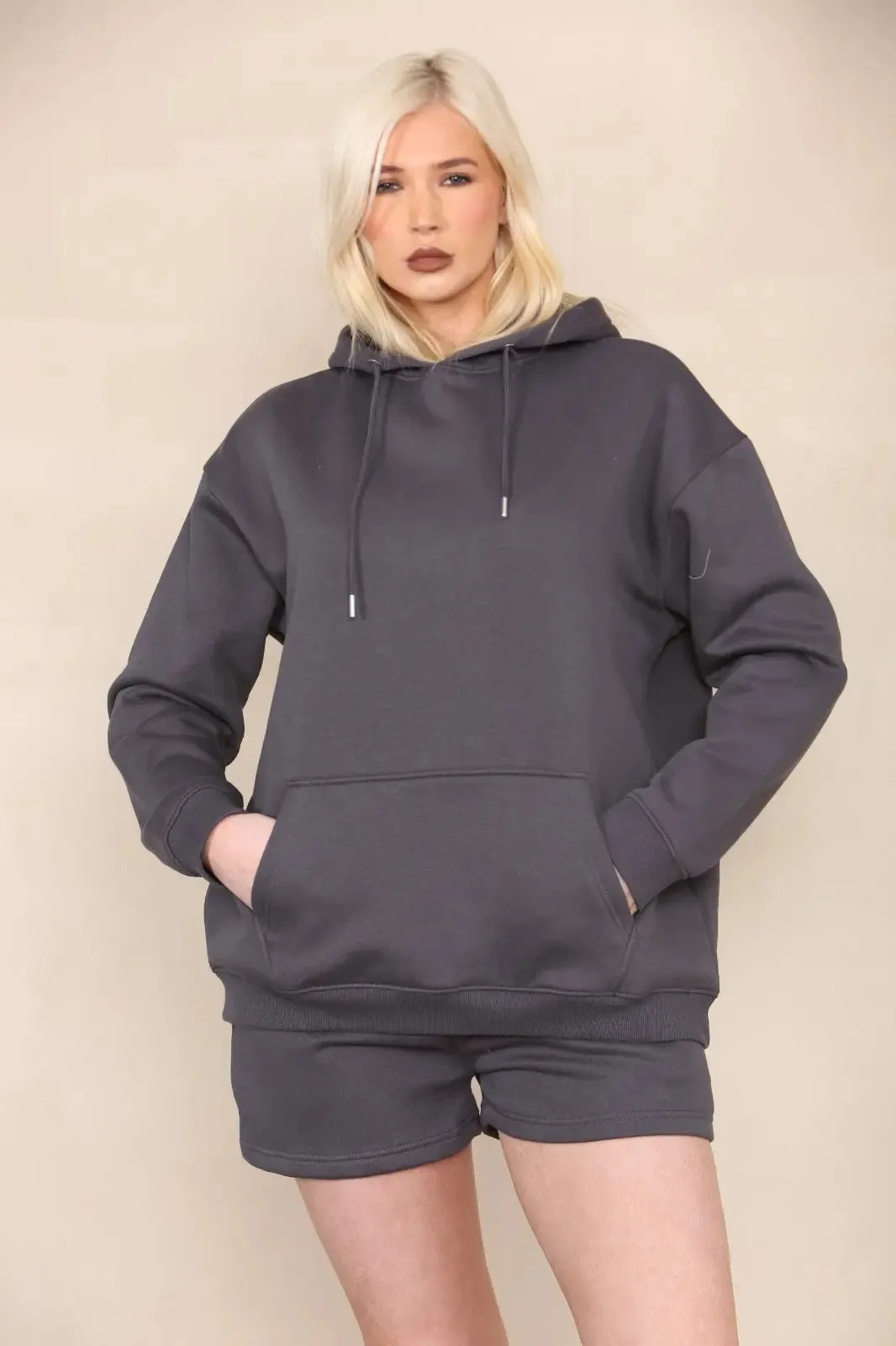 Oversized Pullover Hoodie and Short Loungewear Set Charcoal Grey