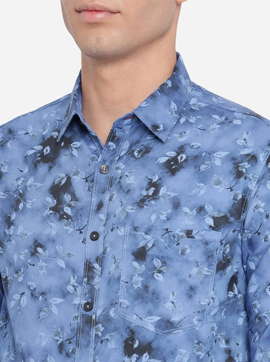 Palace Blue Printed Slim Fit Semi Casual Shirt | Greenfibre