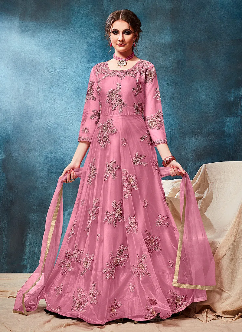 Pink Bunch Embroidered Casual Anarkali Suit