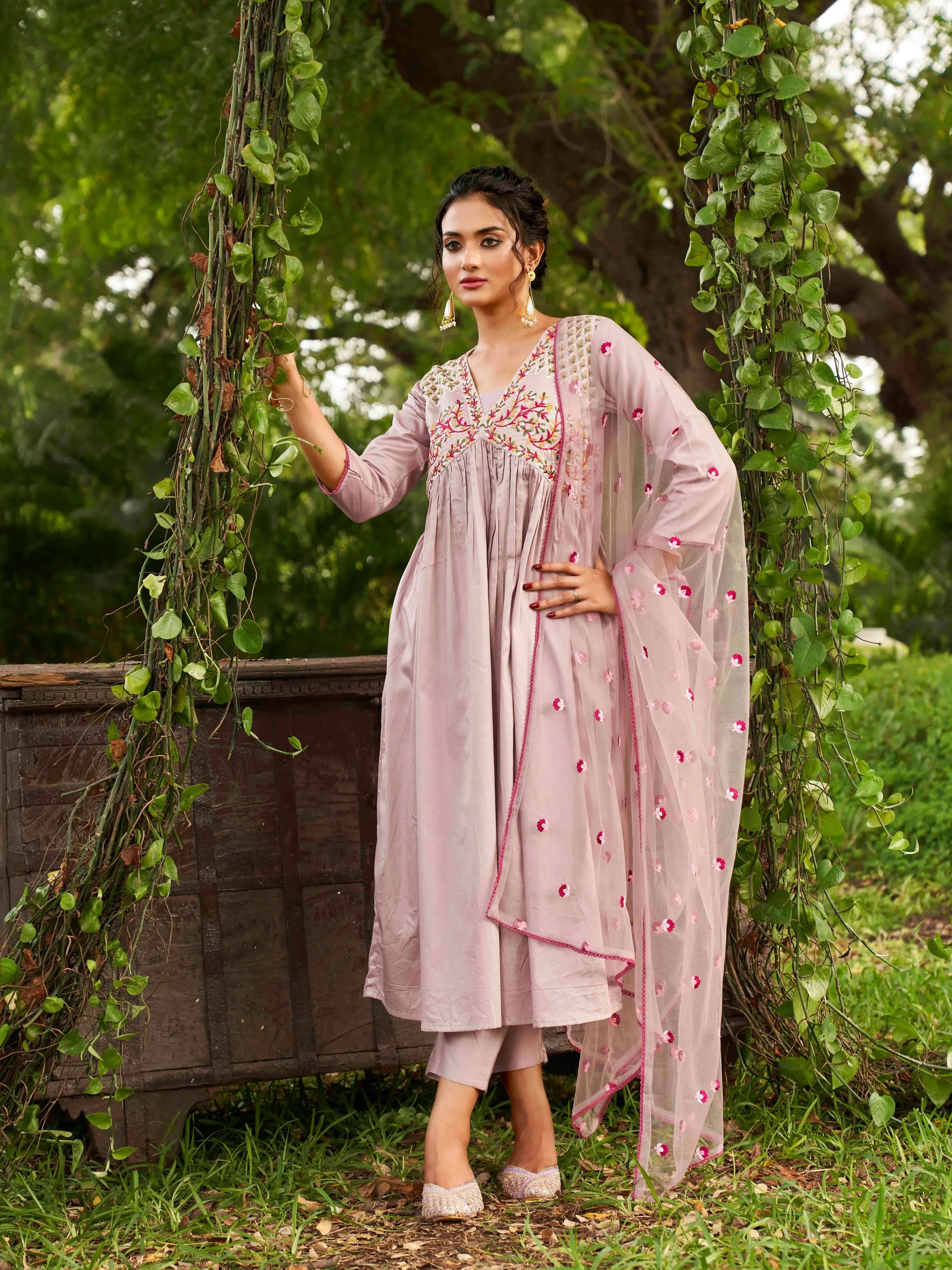 Pink Floral Embroidered Yoke Designed Suit Set with Dupatta