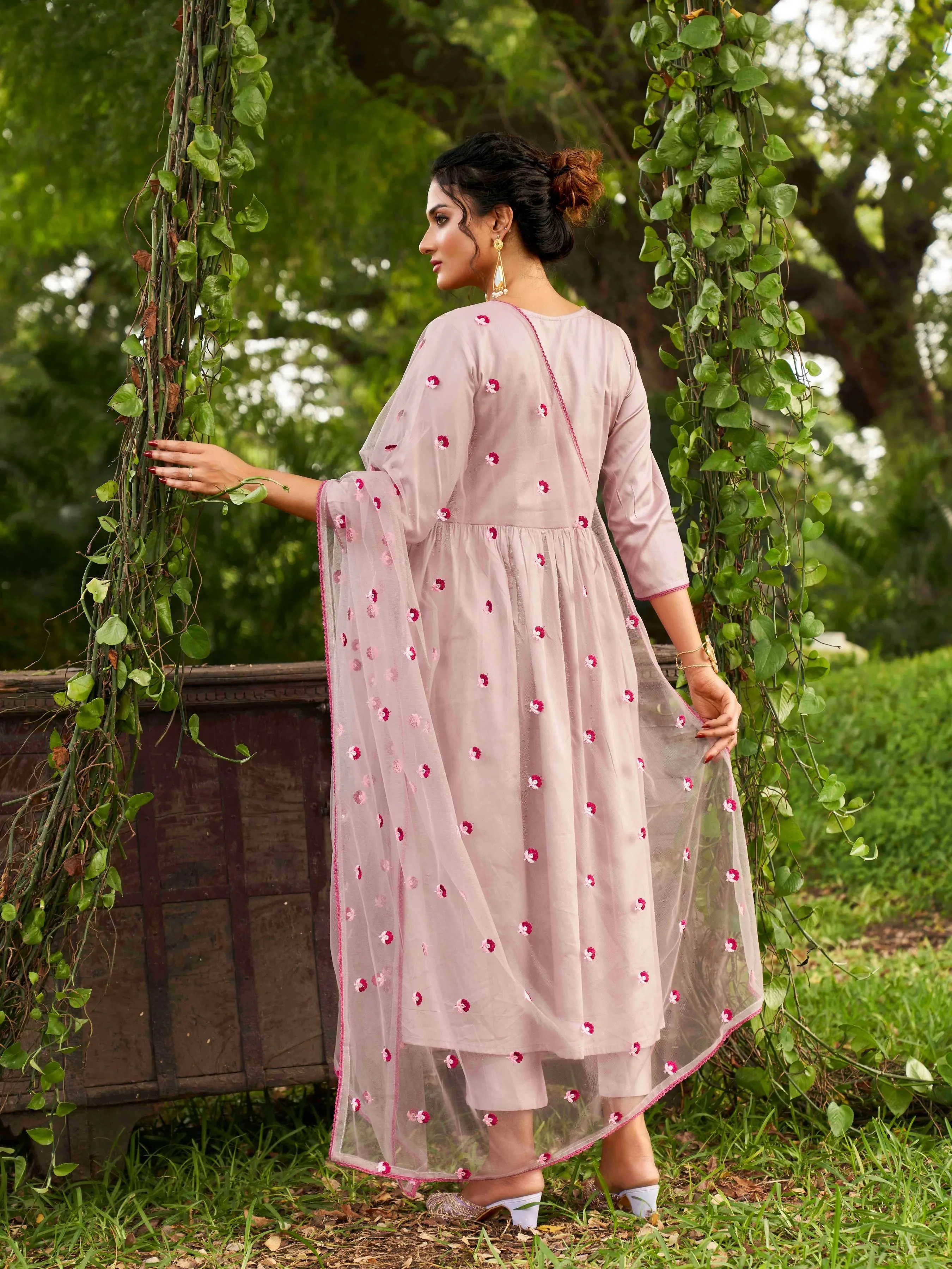 Pink Floral Embroidered Yoke Designed Suit Set with Dupatta