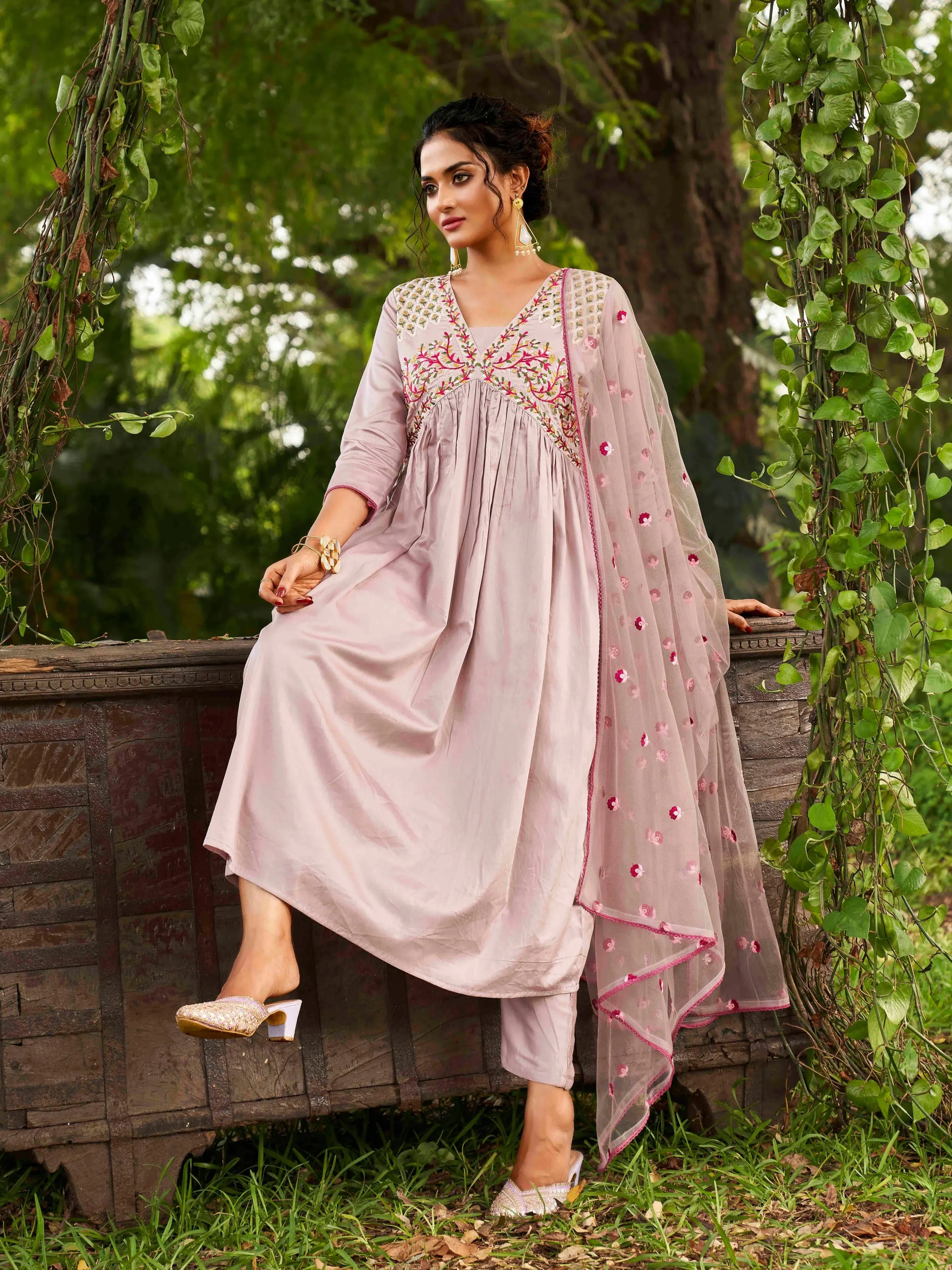 Pink Floral Embroidered Yoke Designed Suit Set with Dupatta