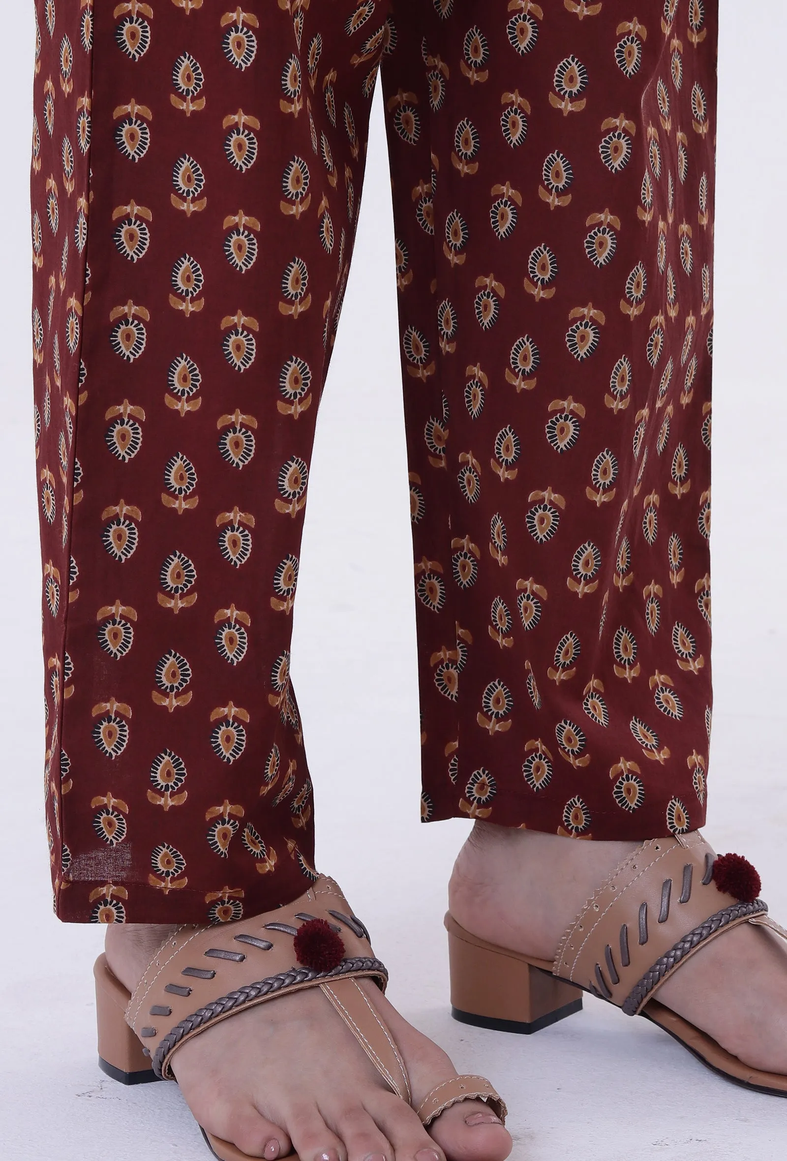 Red & Multicolor Cotton Block Printed Pant