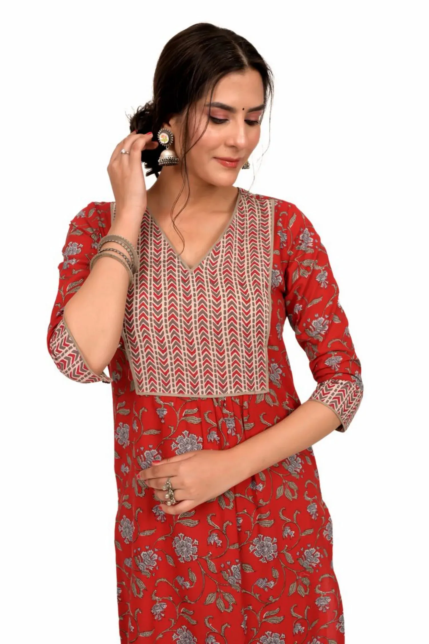 Red Floral Printed Kurta