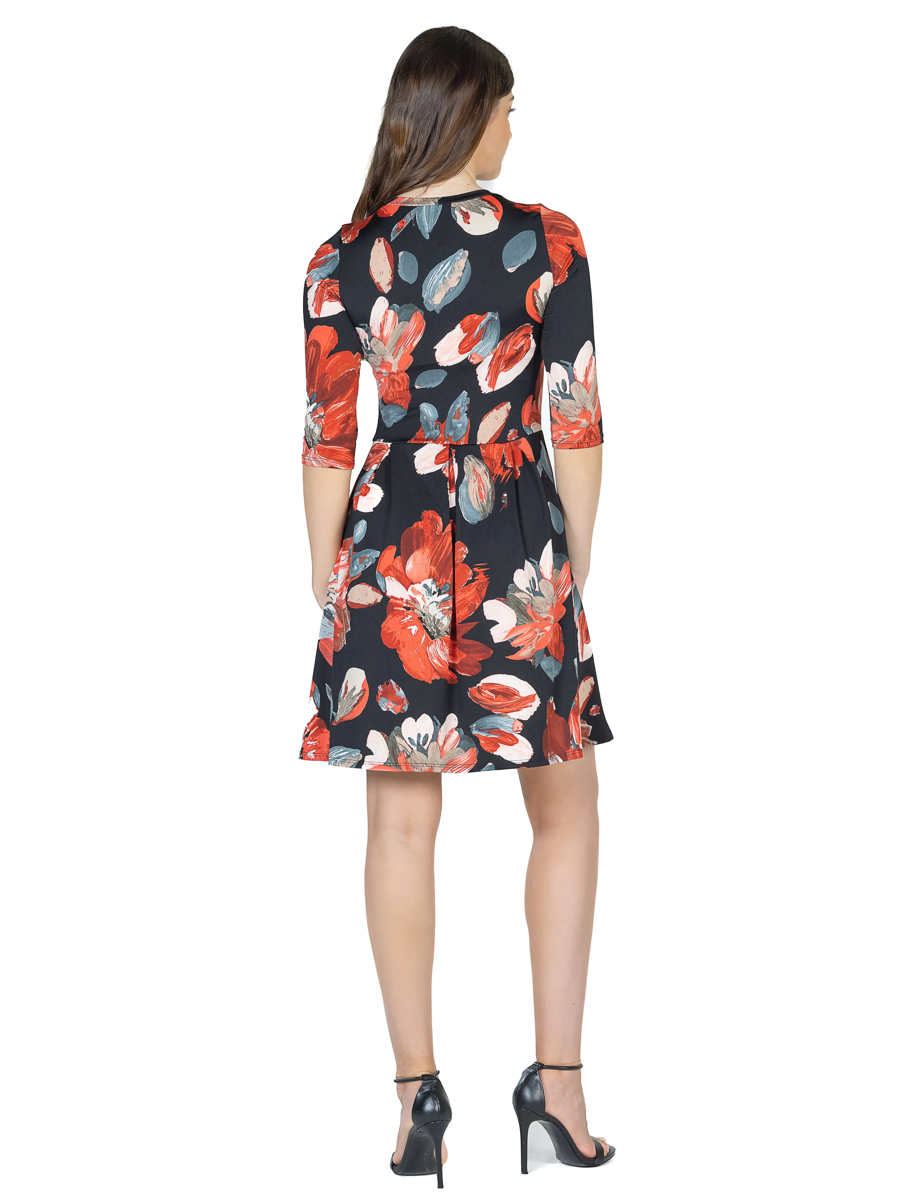 Red Floral Three Quarter Sleeve Pleated Dress