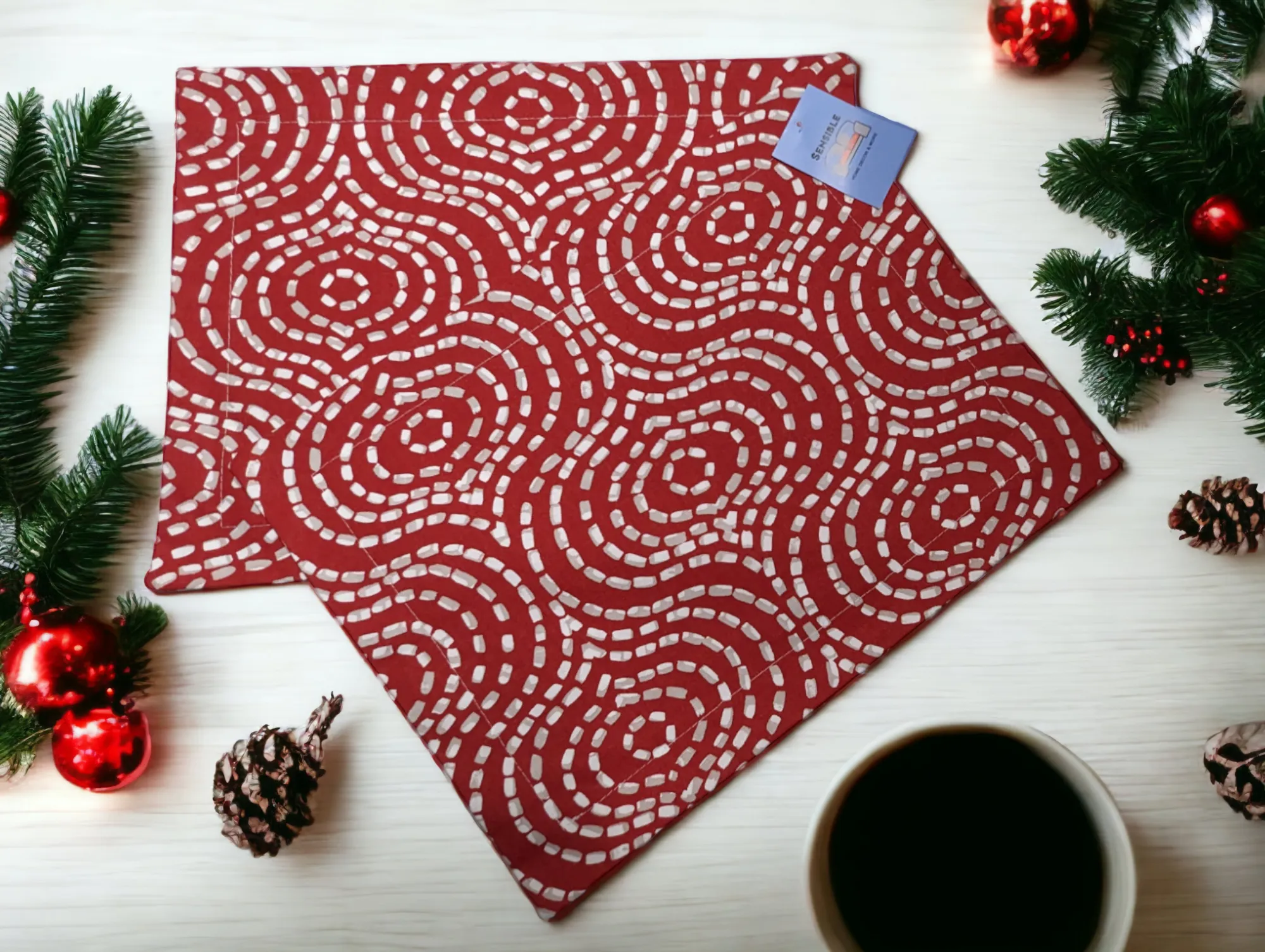 Red White Tan Swirls Christams or Winter Set of 2 Washable Placemats