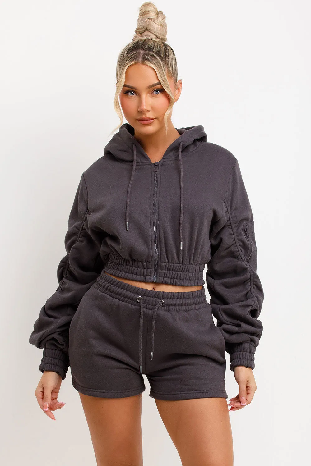 Ruched Sleeves Crop Hoodie And Short Tracksuit Co-ord Set