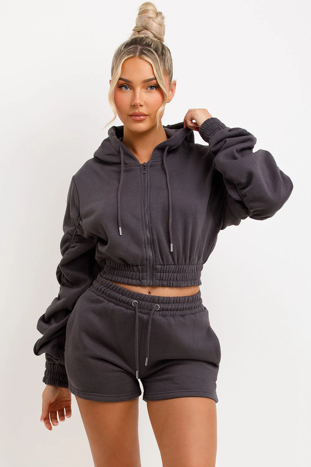 Ruched Sleeves Crop Hoodie And Short Tracksuit Co-ord Set