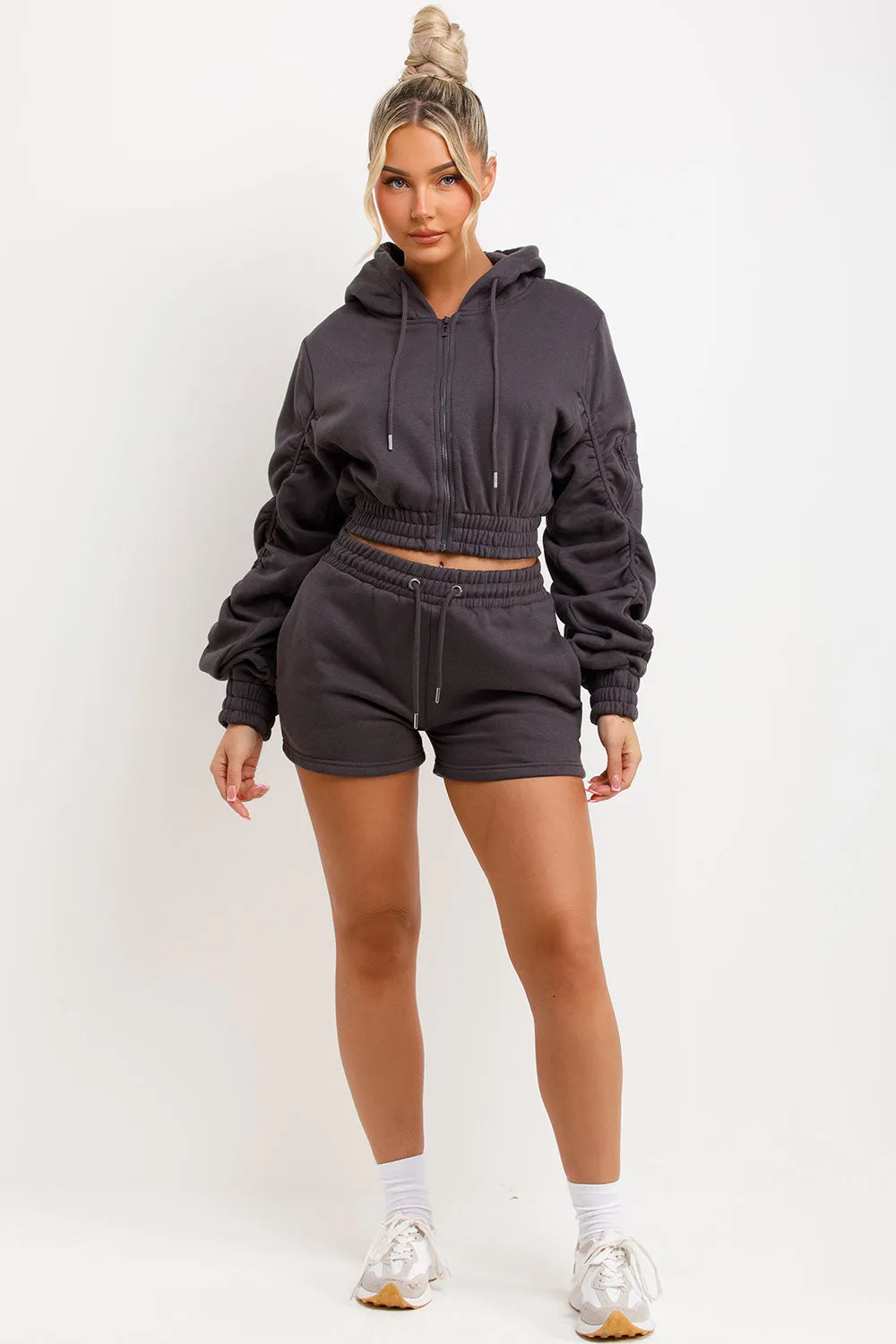 Ruched Sleeves Crop Hoodie And Short Tracksuit Co-ord Set