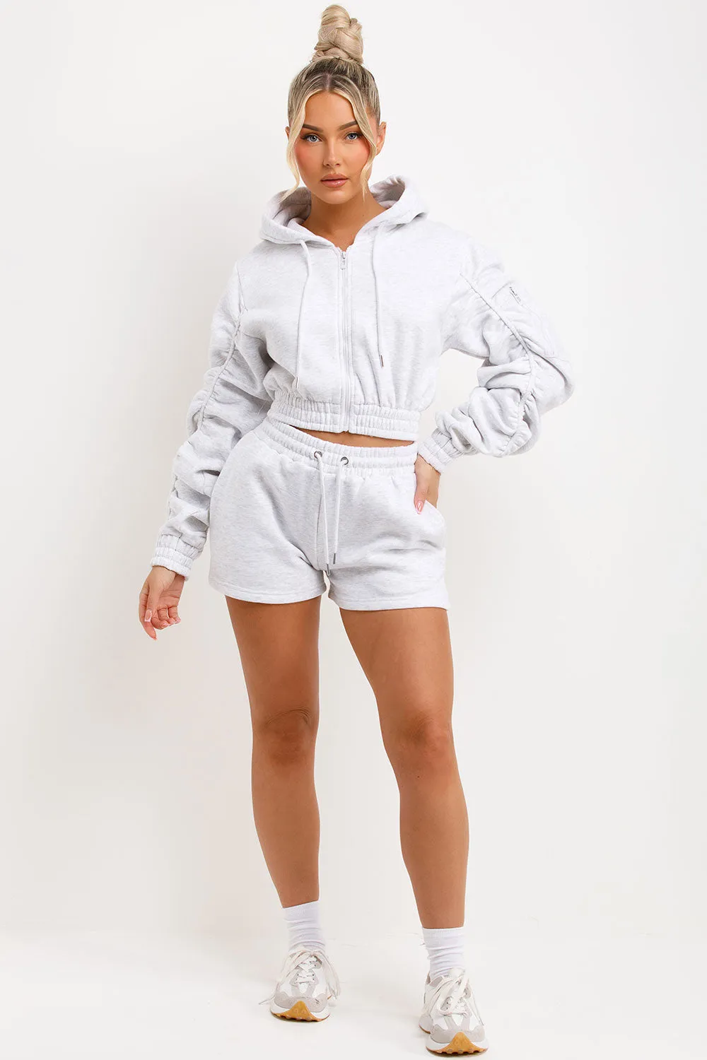 Ruched Sleeves Crop Zip Hoodie and Short Tracksuit Co-ord Set