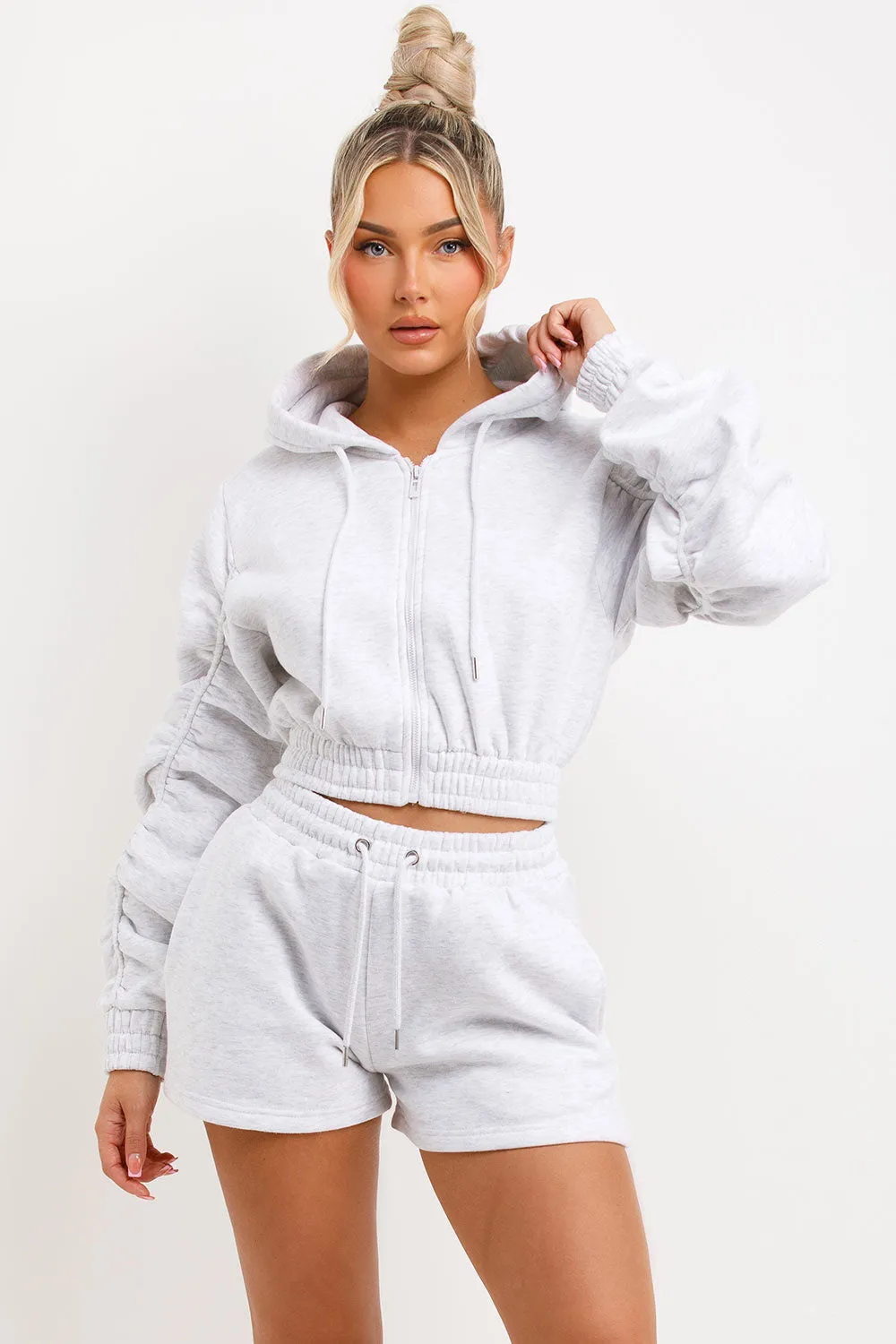 Ruched Sleeves Crop Zip Hoodie and Short Tracksuit Co-ord Set