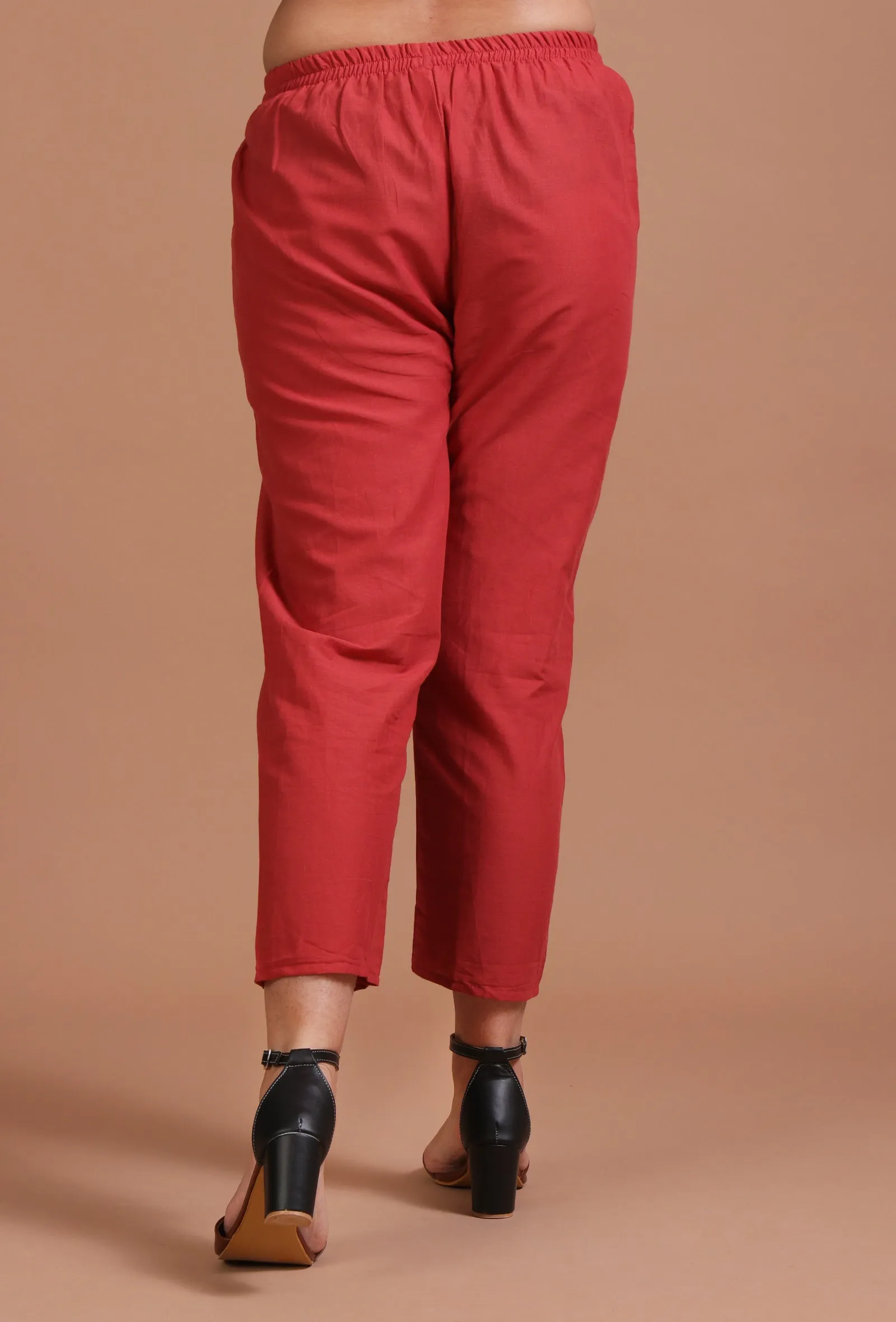 Set Of 2: Red Cotton Plain Kurta & Pant Set