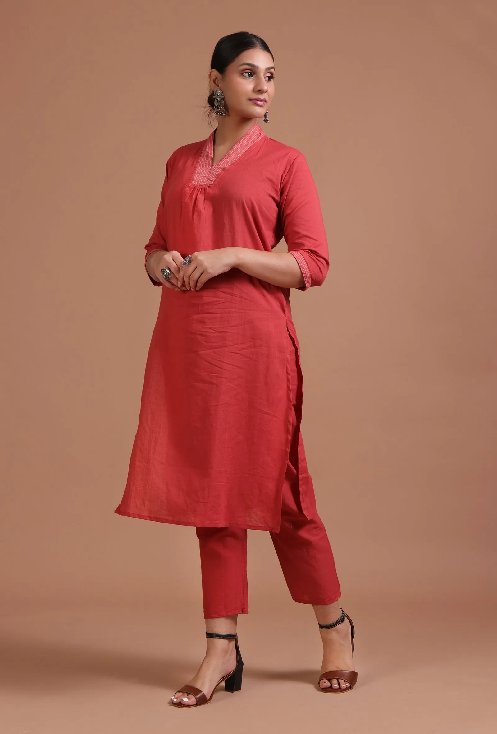 Set Of 2: Red Cotton Plain Kurta & Pant Set