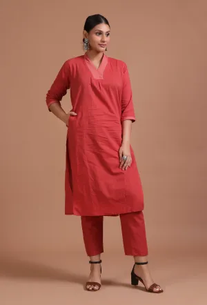 Set Of 2: Red Cotton Plain Kurta & Pant Set