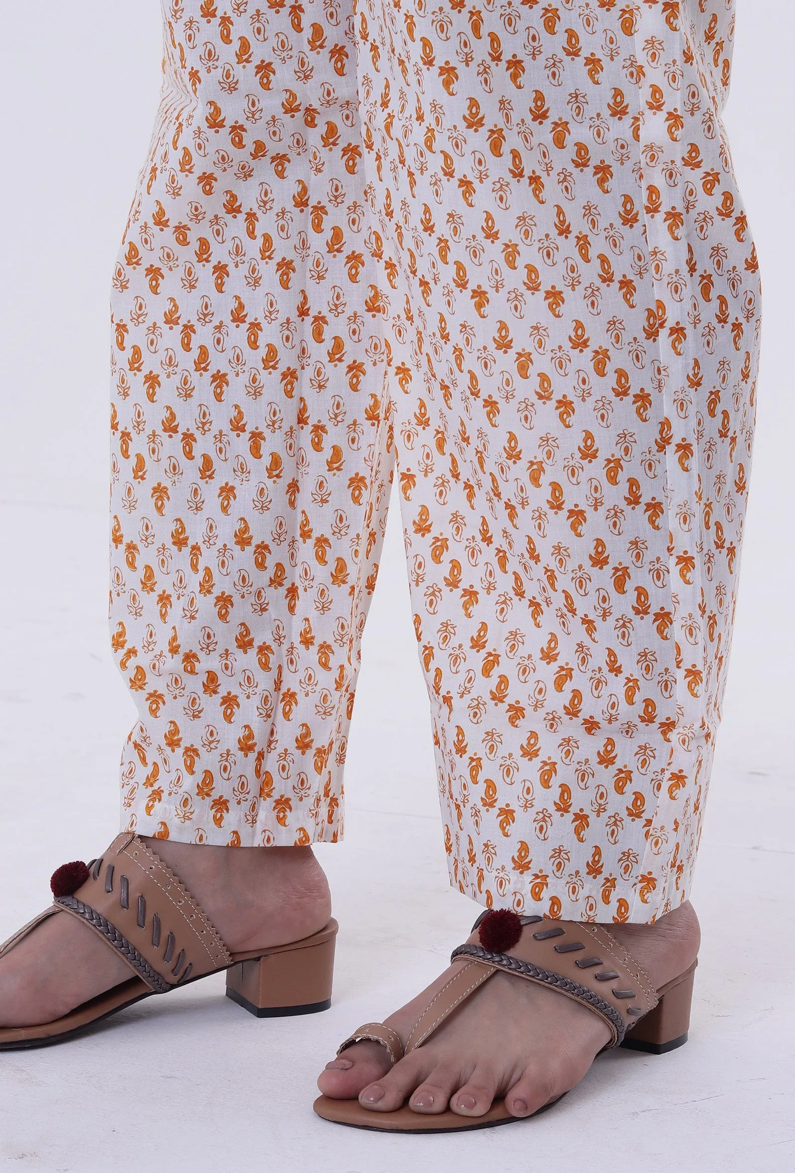 Set Of 2: White & Multicolor Cotton Block Printed Kurta & Pant